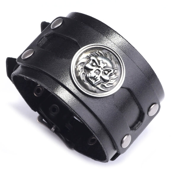 Wholesale Fashion Retro Wide Leather Alloy Bracelet With Animal Zodiac Pattern For Men