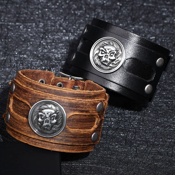 Wholesale Fashion Retro Wide Leather Alloy Bracelet With Animal Zodiac Pattern For Men