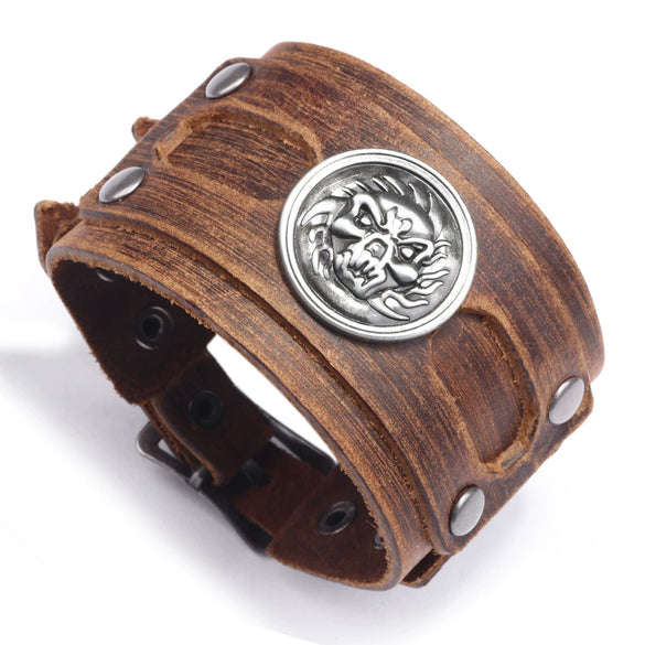 Wholesale Fashion Retro Wide Leather Alloy Bracelet With Animal Zodiac Pattern For Men