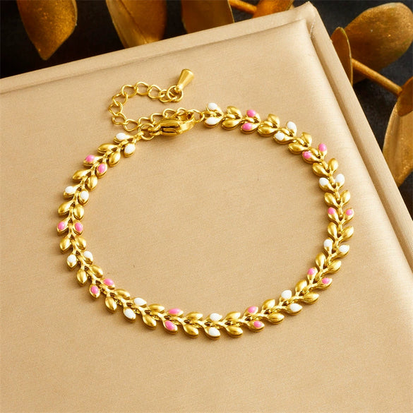 Wholesale Fashion Simple Allmatch Goldplated Stainless Steel Leafpatterned Chain Bracelet