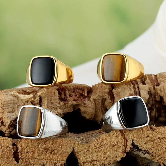 Wholesale Fashion Simple Geometric Black Stone Titanium Steel Ring For Men And Women With Polishing Treatment