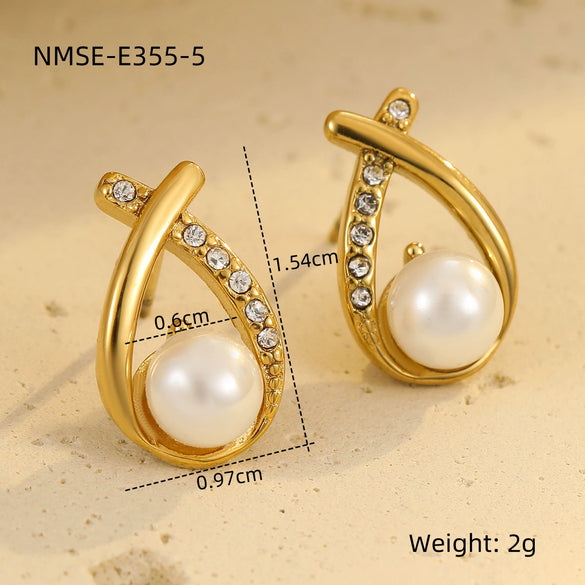 Wholesale Fashion Simple Geometric Stainless Steel 18K Electroplated Diamond Pearl Women's Earrings
