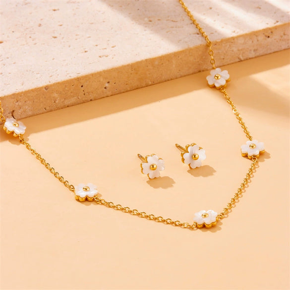 Wholesale Fashion Simple Gold Flower Pendant Earrings And Necklace Suit In Stainless Steel With Electroplating