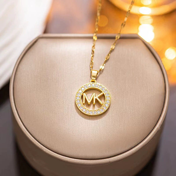 Wholesale Fashion Simple Hollow Round Letter Inlaid Zircon Lovers Necklace Made Of Titanium Steel With Electroplating Treatment