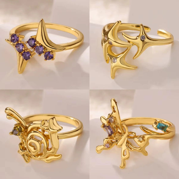 Wholesale Fashion Simple Irregular Star And Rose Copper Ring Set With Diamonds