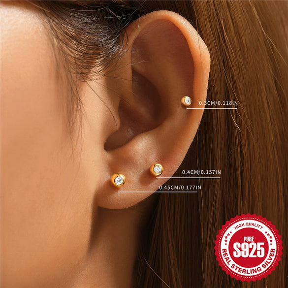 Wholesale Fashion Simple S925 Sterling Silver Mini Beanie Geometric Round Beads Inlaid Zircon Earrings 3 Sets