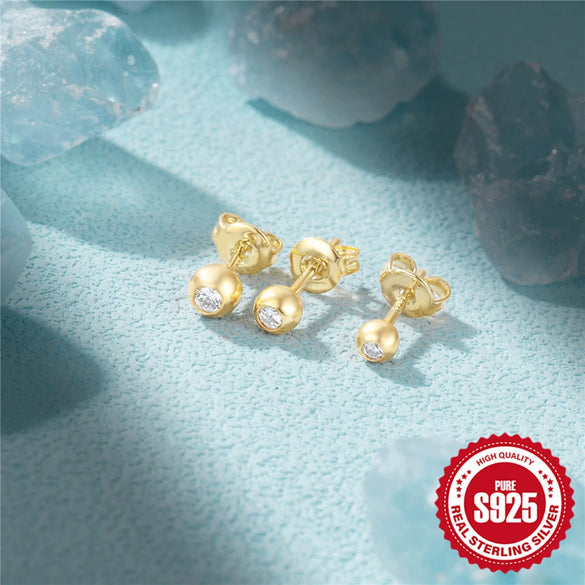 Wholesale Fashion Simple S925 Sterling Silver Mini Beanie Geometric Round Beads Inlaid Zircon Earrings 3 Sets