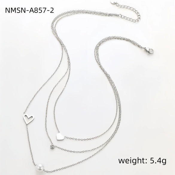Wholesale Fashion Simple Stainless Steel 18K Gold Heart Pearl Zircon Electroplated Clavicle Three Chain Stacking Necklace For Women