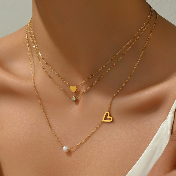 Wholesale Fashion Simple Stainless Steel 18K Gold Heart Pearl Zircon Electroplated Clavicle Three Chain Stacking Necklace For Women