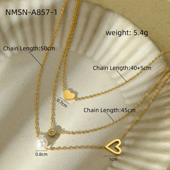 Wholesale Fashion Simple Stainless Steel 18K Gold Heart Pearl Zircon Electroplated Clavicle Three Chain Stacking Necklace For Women