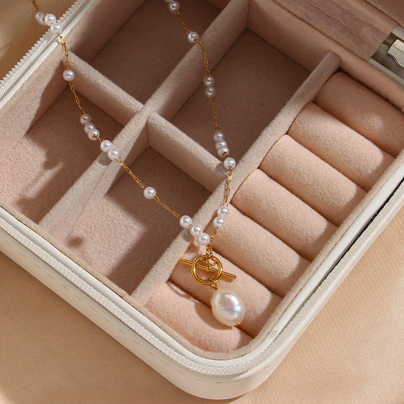 Wholesale Fashion Simple Temperament All Match Sweater Chain Necklace With Stainless Steel Plated Baroque Pearl And Ot Buckle Geometric Design