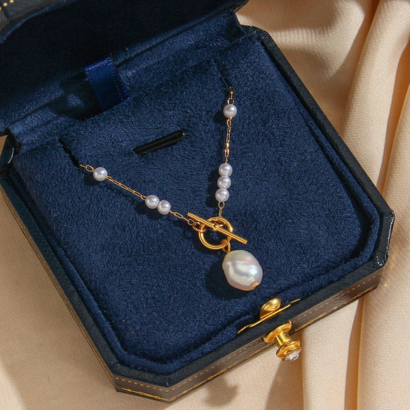 Wholesale Fashion Simple Temperament All Match Sweater Chain Necklace With Stainless Steel Plated Baroque Pearl And Ot Buckle Geometric Design