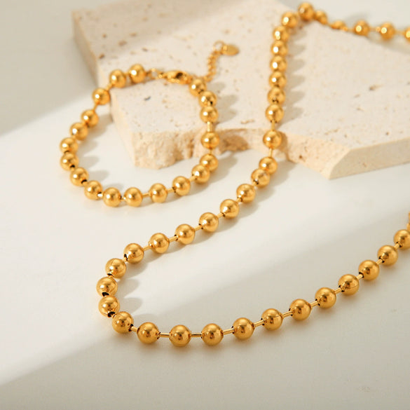 Wholesale Fashion Simple Titanium Steel Ball Bead Chain Necklace And 18K Gold Plated Stainless Steel Bracelet With Geometric Design And Electroplating Treatment For Women