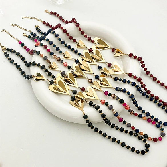 Wholesale Fashion Stainless Steel Crystal Beads Heart Shape Necklace For Women