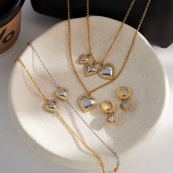 Wholesale Fashion Stainless Steel Electroplated Heart Water Drop Bell Pendant Necklace Earrings Bracelets Set For Women