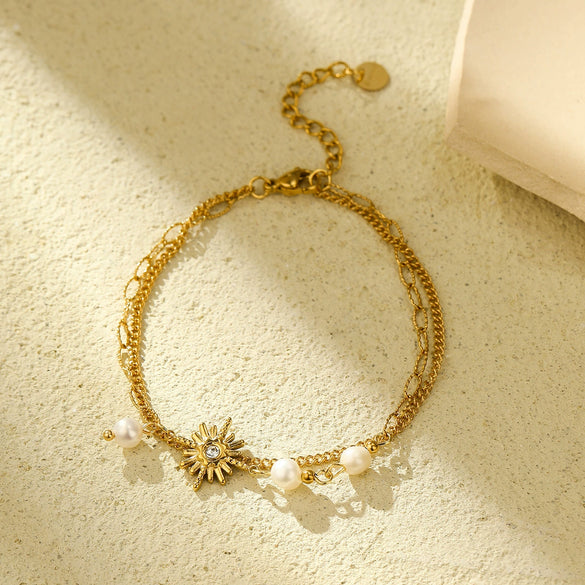 Wholesale Fashion Stainless Steel 18K Gold Electroplated Heart Shaped Sunflower Beaded Pendant Bracelet For Women