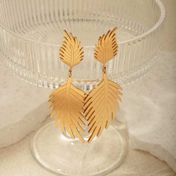 Wholesale Fashion Stainless Steel 14K Gold Plated Double Leaf Earrings