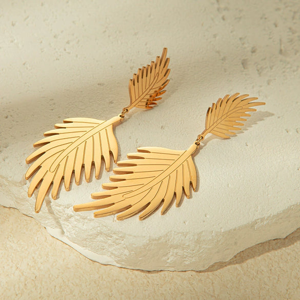 Wholesale Fashion Stainless Steel 14K Gold Plated Double Leaf Earrings