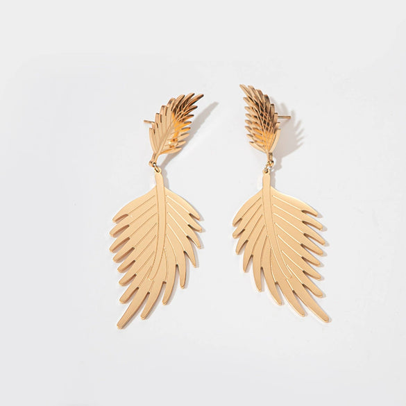 Wholesale Fashion Stainless Steel 14K Gold Plated Double Leaf Earrings