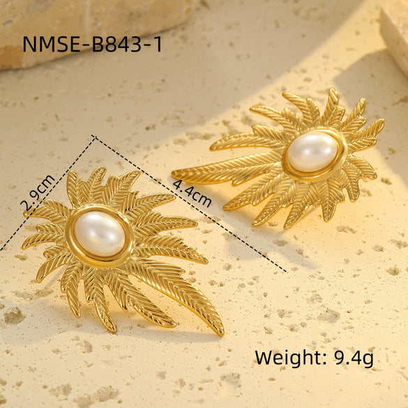 Wholesale Fashion Stainless Steel 18K Gold Plated Petal Pearl Earrings For Women