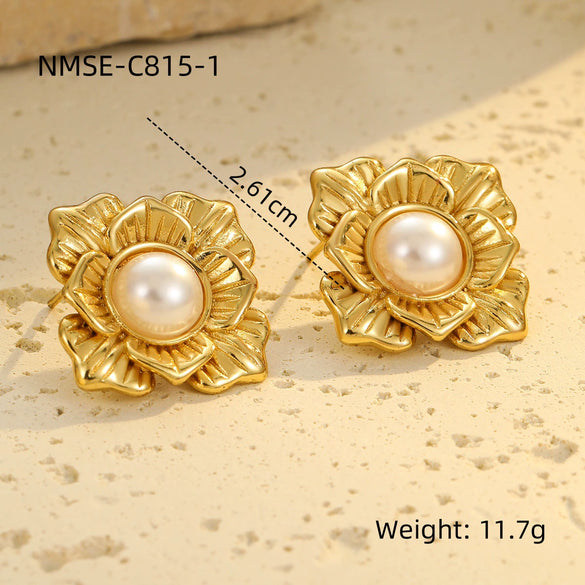 Wholesale Fashion Stainless Steel 18K Gold Plated Petal Pearl Earrings For Women