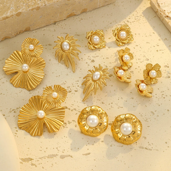 Wholesale Fashion Stainless Steel 18K Gold Plated Petal Pearl Earrings For Women