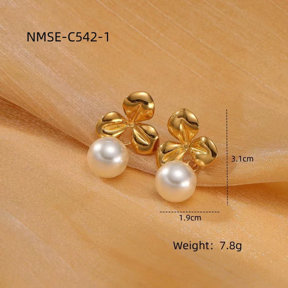 Wholesale Fashion Stainless Steel 18K Gold Plated Petal Pearl Earrings For Women