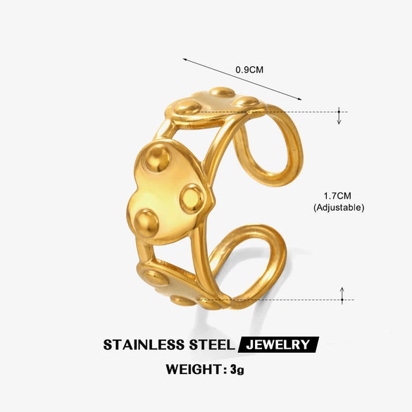 Wholesale Fashion Stainless Steel Love Heart Shaped Open Adjustable Ring For Women With 18K Gold Plated Electroplating