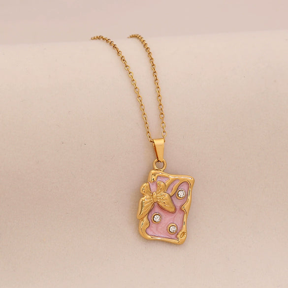 Wholesale Fashion Stainless Steel Multicolor Oil Drop Insect Pattern Butterfly Pendant Necklace For Office Ladies