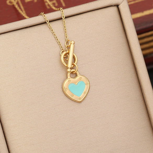 Wholesale Fashion Stainless Steel Necklace With Multi Color Oil Drop Heart Shaped Pendant And Temperament Clavicle Chain