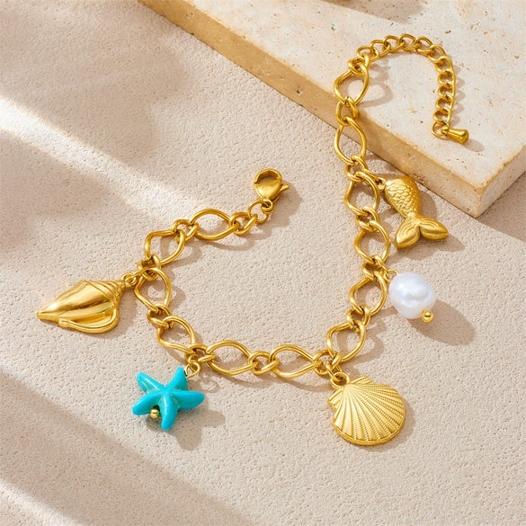 Wholesale Fashion Stainless Steel Pearl Animal Zodiac Ocean Series Shell Starfish Pendant Electroplated Bracelet For Women