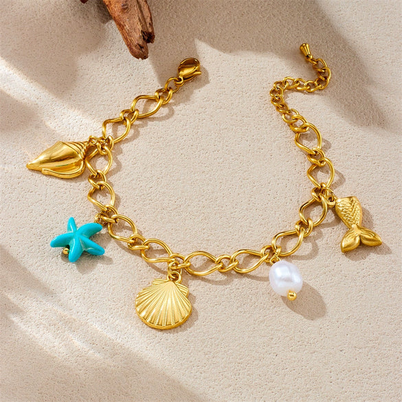 Wholesale Fashion Stainless Steel Pearl Animal Zodiac Ocean Series Shell Starfish Pendant Electroplated Bracelet For Women