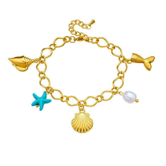 Wholesale Fashion Stainless Steel Pearl Animal Zodiac Ocean Series Shell Starfish Pendant Electroplated Bracelet For Women