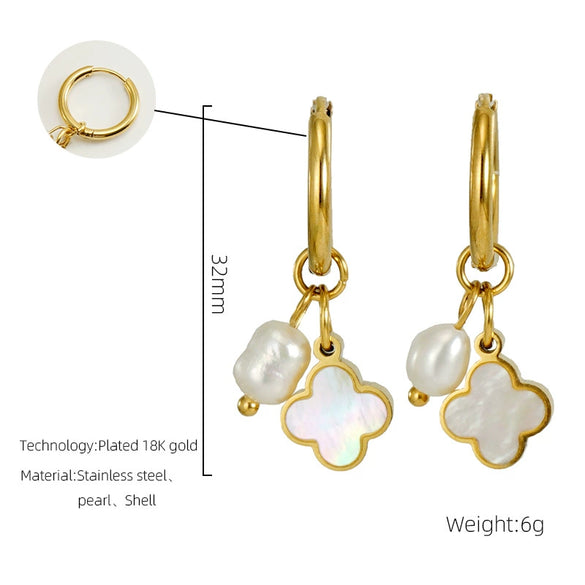 Wholesale Fashion Stainless Steel Pearl Fourleaf Clover Geometric Electroplated Women's Earrings