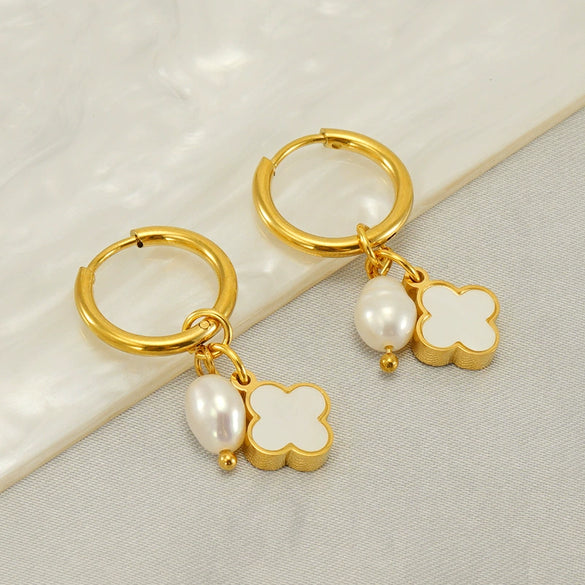 Wholesale Fashion Stainless Steel Pearl Fourleaf Clover Geometric Electroplated Women's Earrings