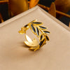 Wholesale Fashion Stainless Steel Ring With Black Leaves Pattern Gold Plated Electroplated Opening Ring Unisex