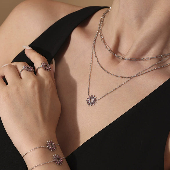 Wholesale Fashion Stainless Steel Sunflower Necklace Bracelet Ring Set With 18K Gold Electroplating