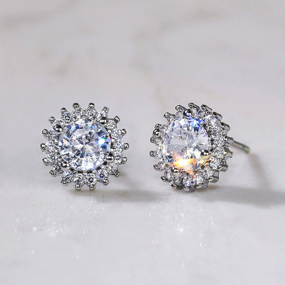 Wholesale Fashion Sweet Flower Zircon Earrings For Women Copper Plated Platinum