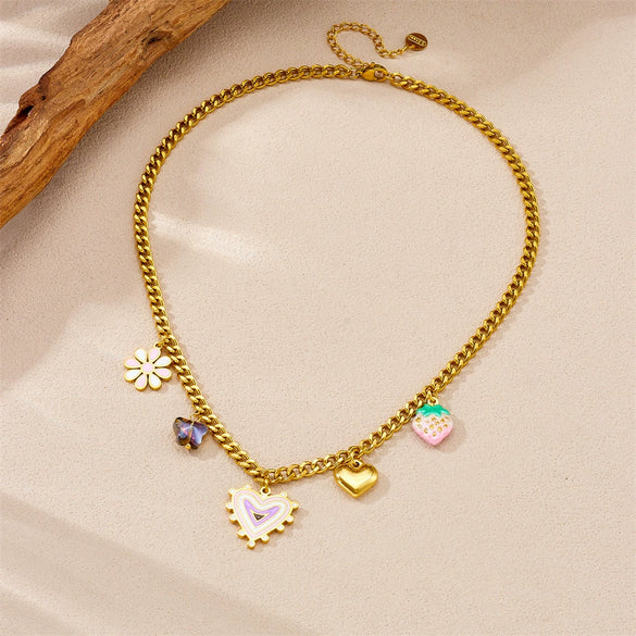 Wholesale Fashion Sweet Stainless Steel Necklace With Oil Drop Gradient Love Strawberry Flower Pendant Electroplated Heart And Fruit Shaped