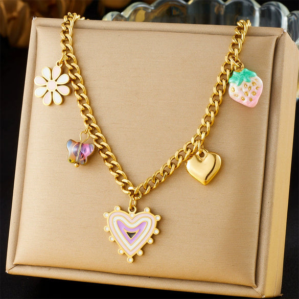 Wholesale Fashion Sweet Stainless Steel Necklace With Oil Drop Gradient Love Strawberry Flower Pendant Electroplated Heart And Fruit Shaped