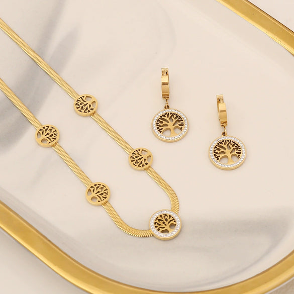 Wholesale Fashion Tree Of Life Jewelry Set With Zircon Stainless Steel Necklace And Bamboo Chain Electroplated For Women