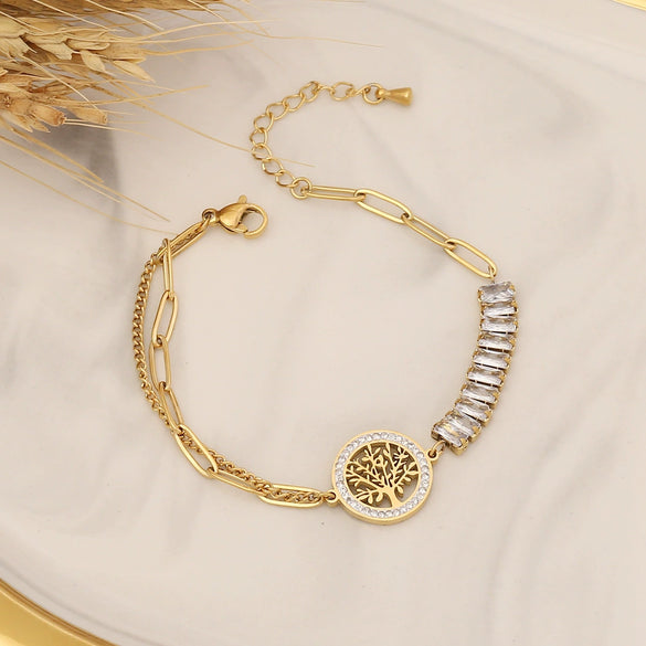 Wholesale Fashion Tree Of Life Jewelry Set With Zircon Stainless Steel Necklace And Bamboo Chain Electroplated For Women