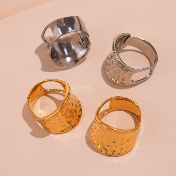 Wholesale Fashion Trendy Geometric 316L Stainless Steel Hammered Ring 18K Gold Plated Jewelry For Women