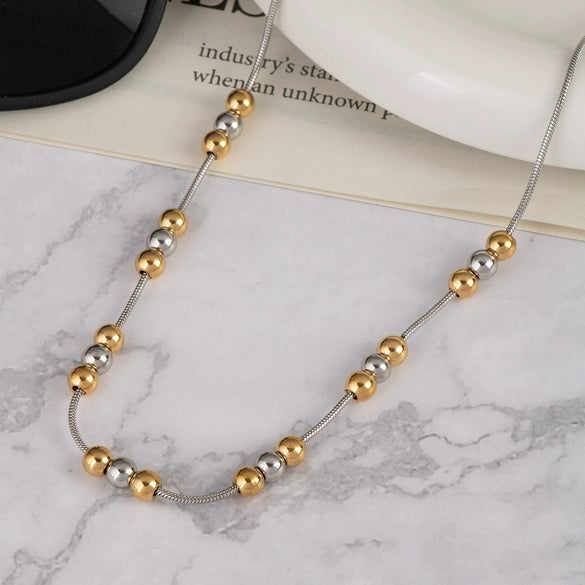 Wholesale Fashion Twocolor Ball Bead Stainless Steel Necklace With Geometric Shape And Pvd Furnace Vacuum Real Gold Plating