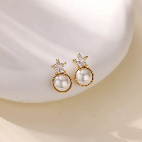 Wholesale Fashion Unisex Geometric Stainless Steel And Gold Plated Earrings With Imitation Pearl And Square Zircon
