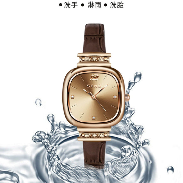 Wholesale Fashion Waterproof Ladies Luxury Quartz Watch With Square Dial Steel Case Imitation Leather Strap And Stainless Steel Clasp