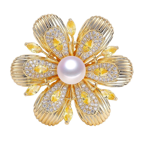 Wholesale Fashion Women's Copper Plated Real Gold Freshwater Pearl Flower Brooch For Decoration
