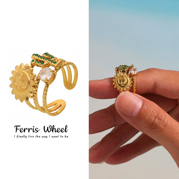 Wholesale Fashion Women's Electroplated Stainless Steel Geometric Abstract Smiling Face Sun And Cactus Inlaid Zircon Ring