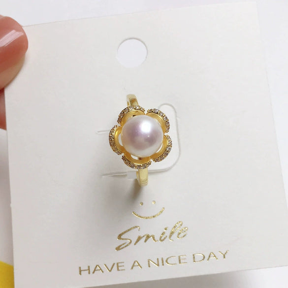 Wholesale Fashion Women's Freshwater Pearl Ring Copper Gold Plated With Flower Opening Design