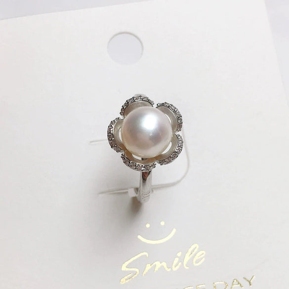 Wholesale Fashion Women's Freshwater Pearl Ring Copper Gold Plated With Flower Opening Design